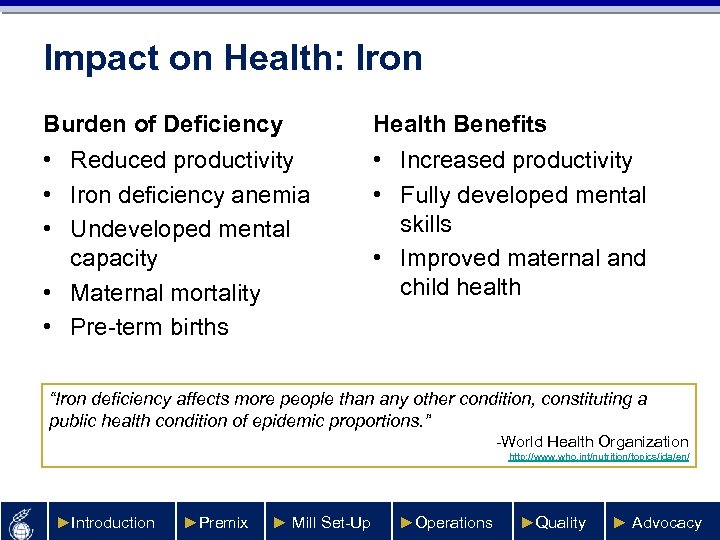 Impact on Health: Iron Burden of Deficiency Health Benefits • Reduced productivity • Iron