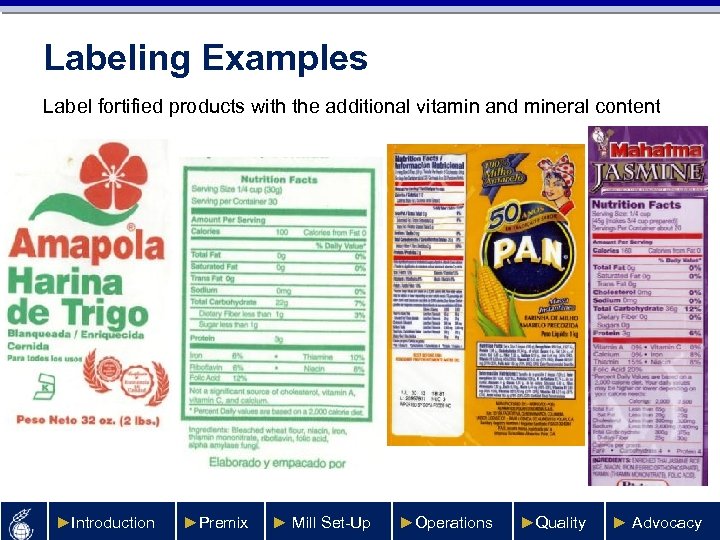 Labeling Examples Label fortified products with the additional vitamin and mineral content ►Introduction ►Premix