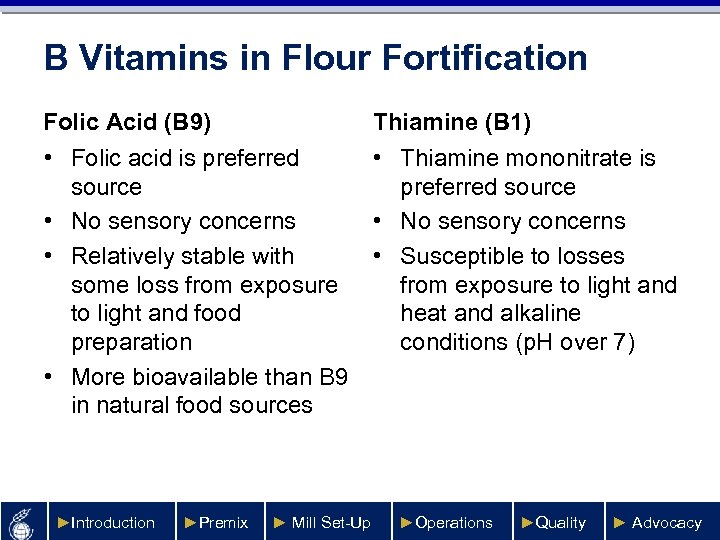 B Vitamins in Flour Fortification Folic Acid (B 9) Thiamine (B 1) • Folic