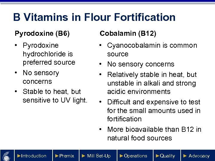 B Vitamins in Flour Fortification Pyrodoxine (B 6) Cobalamin (B 12) • Pyrodoxine hydrochloride