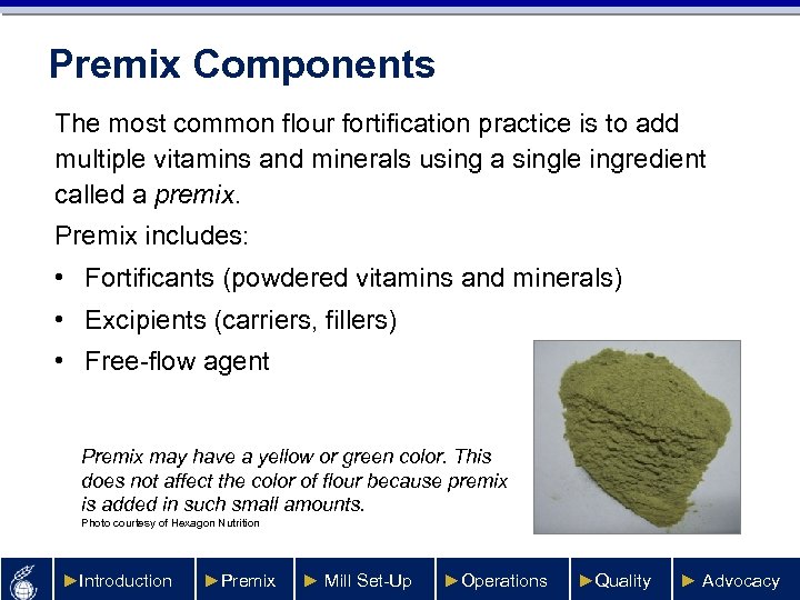 Premix Components The most common flour fortification practice is to add multiple vitamins and