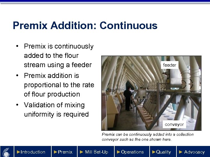 Premix Addition: Continuous • Premix is continuously added to the flour stream using a