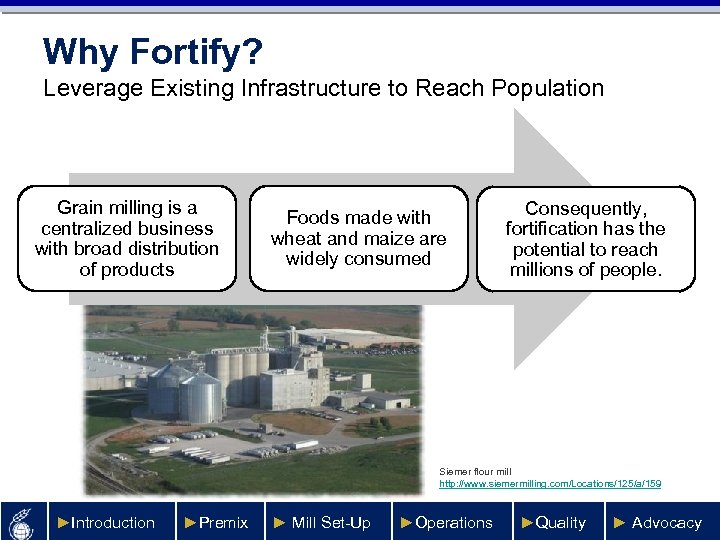 Why Fortify? Leverage Existing Infrastructure to Reach Population Grain milling is a centralized business