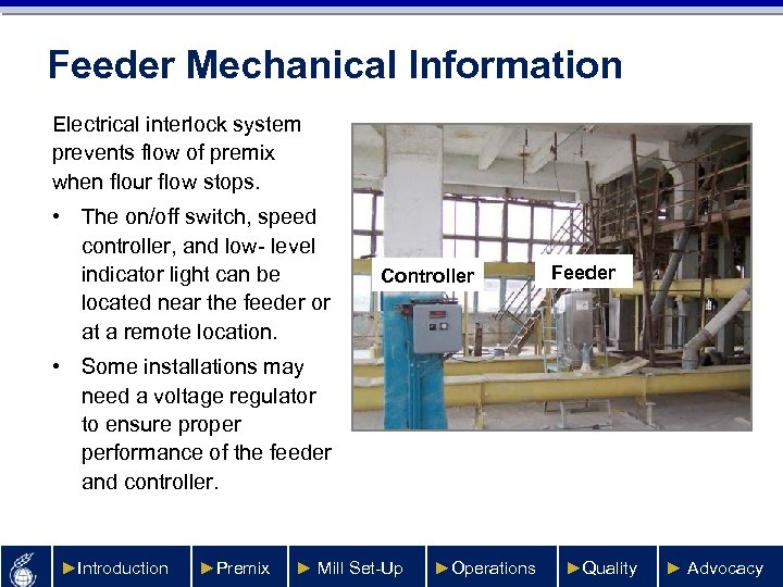 Feeder Mechanical Information Electrical interlock system prevents flow of premix when flour flow stops.