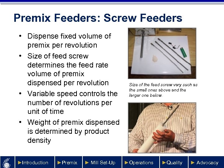 Premix Feeders: Screw Feeders • Dispense fixed volume of premix per revolution • Size