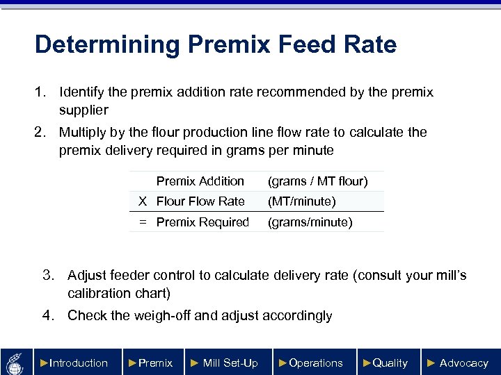 Determining Premix Feed Rate 1. Identify the premix addition rate recommended by the premix