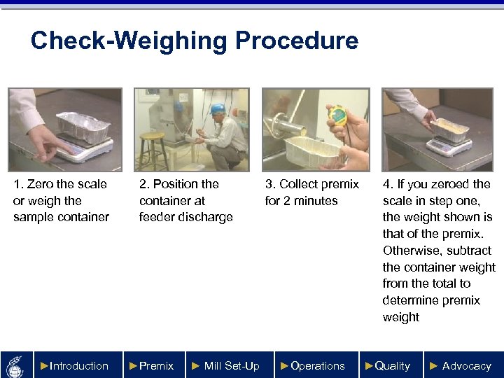 Check-Weighing Procedure 1. Zero the scale or weigh the sample container ►Introduction 2. Position