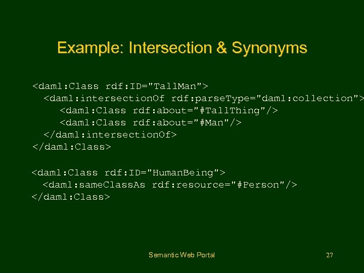 Example: Intersection & Synonyms <daml: Class rdf: ID="Tall. Man"> <daml: intersection. Of rdf: parse.