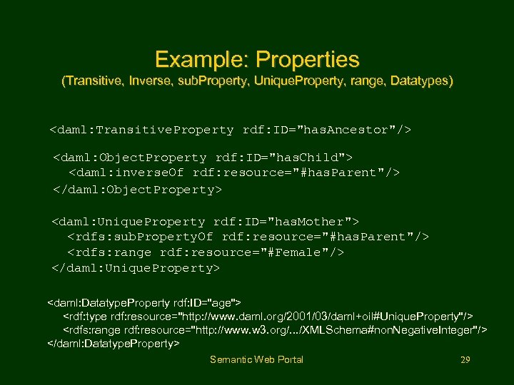 Example: Properties (Transitive, Inverse, sub. Property, Unique. Property, range, Datatypes) <daml: Transitive. Property rdf: