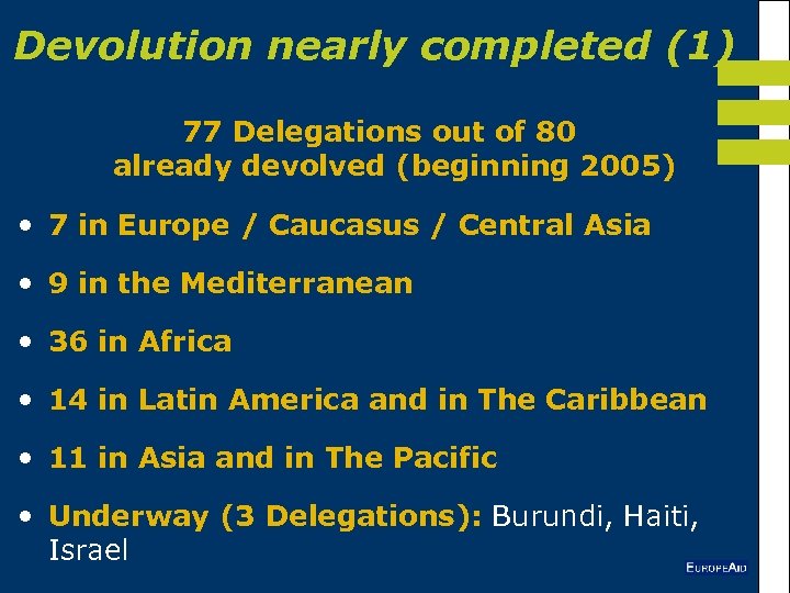 Devolution nearly completed (1) 77 Delegations out of 80 already devolved (beginning 2005) •