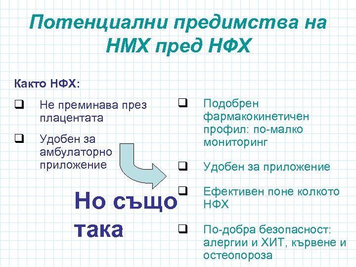 Потенциални предимства на НМХ пред НФХ Както НФХ: q Не преминава през плацентата q