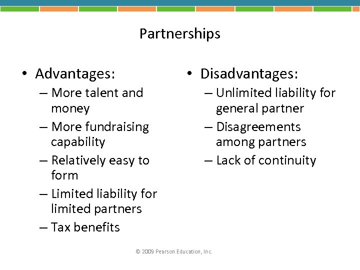 Partnerships • Advantages: • Disadvantages: – More talent and money – More fundraising capability