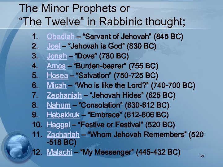 The Minor Prophets or “The Twelve” in Rabbinic thought; 1. 2. 3. 4. 5.