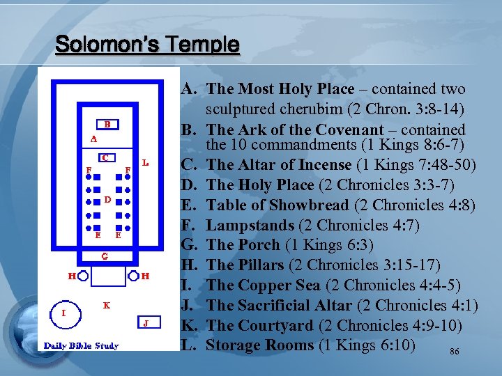 Solomon’s Temple A. The Most Holy Place – contained two sculptured cherubim (2 Chron.