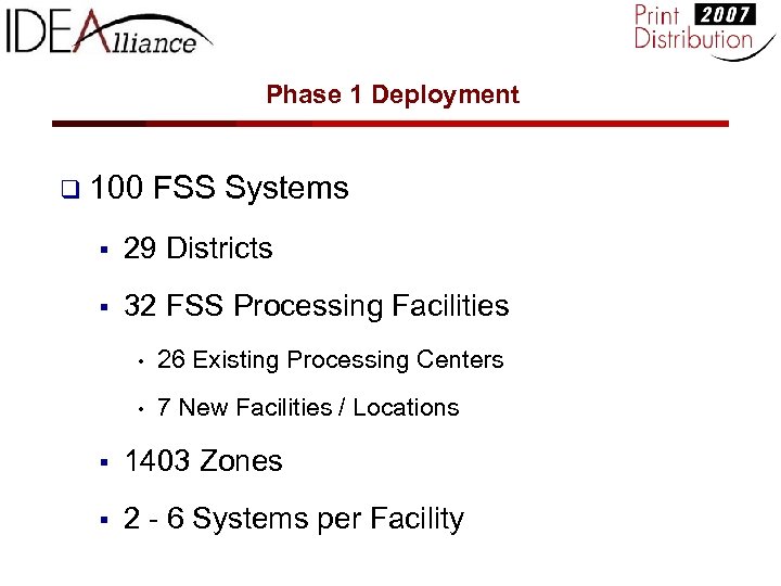 Phase 1 Deployment q 100 FSS Systems § 29 Districts § 32 FSS Processing