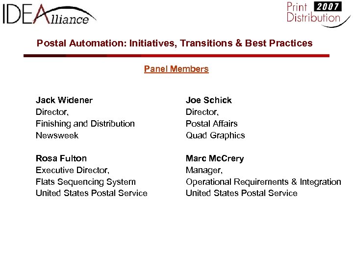 Postal Automation: Initiatives, Transitions & Best Practices Panel Members Jack Widener Director, Finishing and