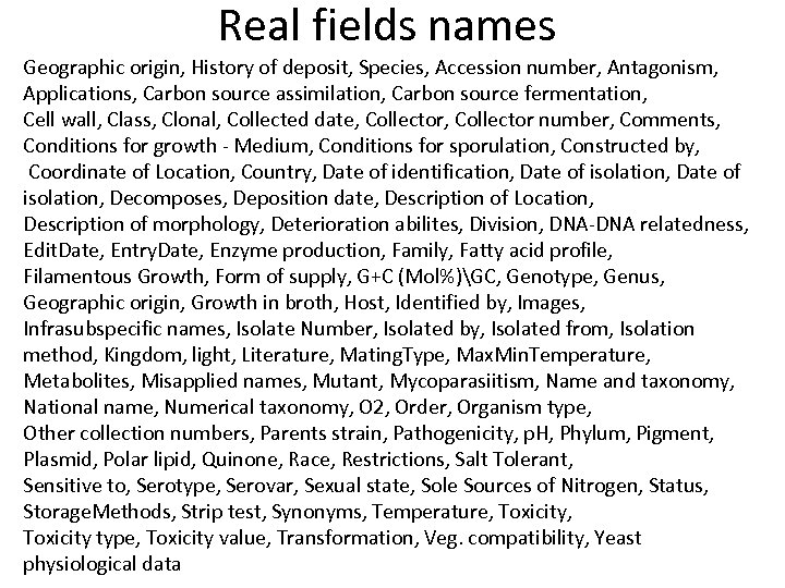 Real fields names Geographic origin, History of deposit, Species, Accession number, Antagonism, Applications, Carbon