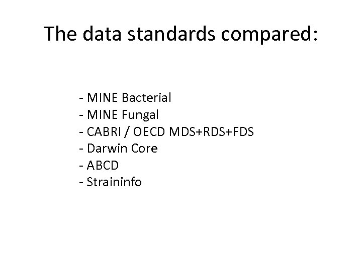 The data standards compared: - MINE Bacterial - MINE Fungal - CABRI / OECD