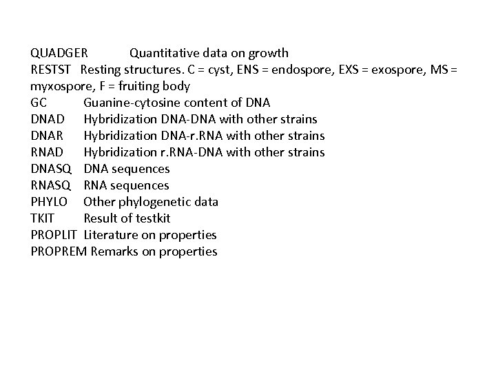 QUADGER Quantitative data on growth RESTST Resting structures. C = cyst, ENS = endospore,