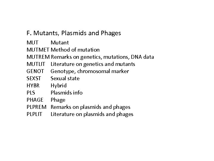 F. Mutants, Plasmids and Phages MUT Mutant MUTMET Method of mutation MUTREM Remarks on