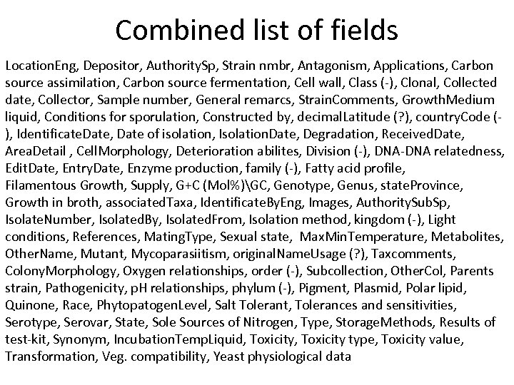 Combined list of fields Location. Eng, Depositor, Authority. Sp, Strain nmbr, Antagonism, Applications, Carbon