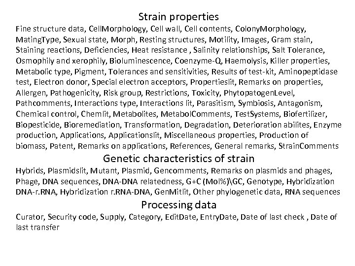 Strain properties Fine structure data, Cell. Morphology, Cell wall, Cell contents, Colony. Morphology, Mating.