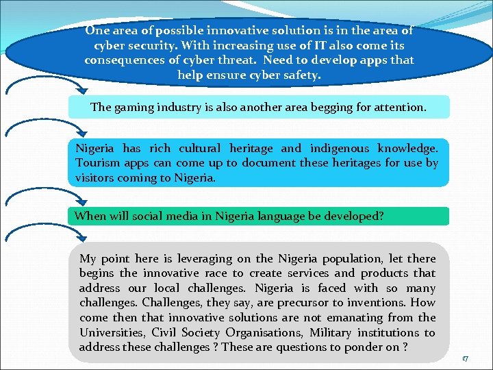 One area of possible innovative solution is in the area of cyber security. With