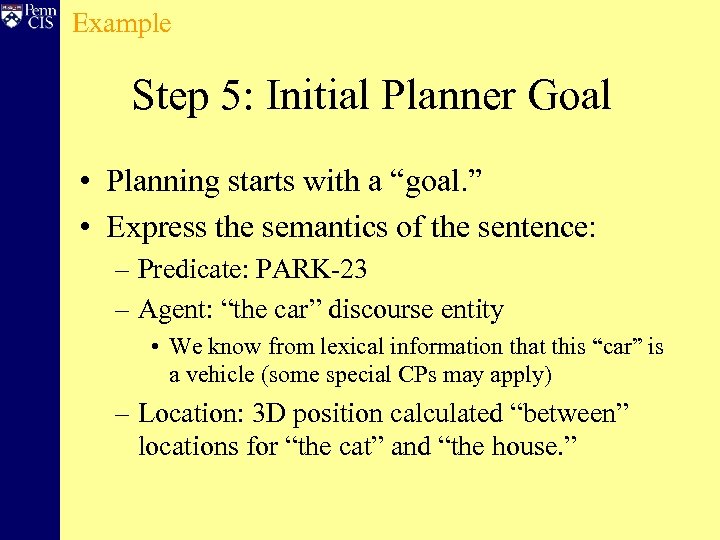 Example Step 5: Initial Planner Goal • Planning starts with a “goal. ” •