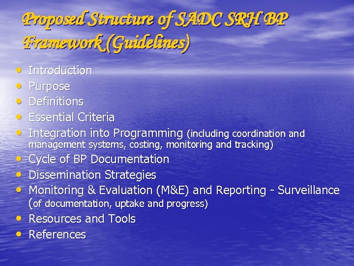 Proposed Structure of SADC SRH BP Framework (Guidelines) • • • Introduction Purpose Definitions