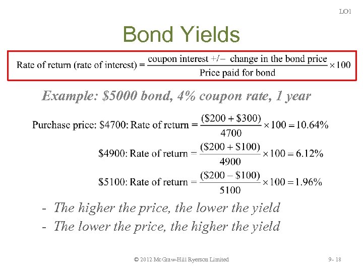 LO 1 Bond Yields Example: $5000 bond, 4% coupon rate, 1 year - The