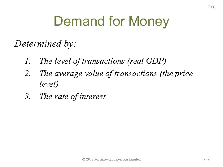 LO 1 Demand for Money Determined by: 1. The level of transactions (real GDP)