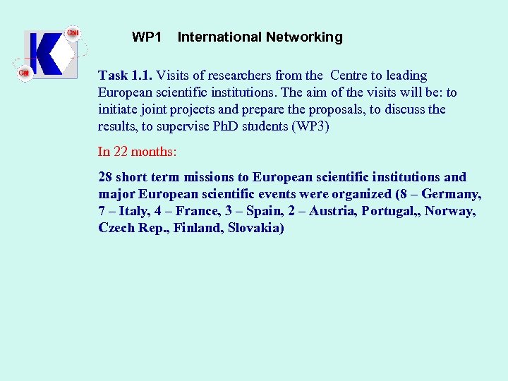 WP 1 International Networking Task 1. 1. Visits of researchers from the Centre to