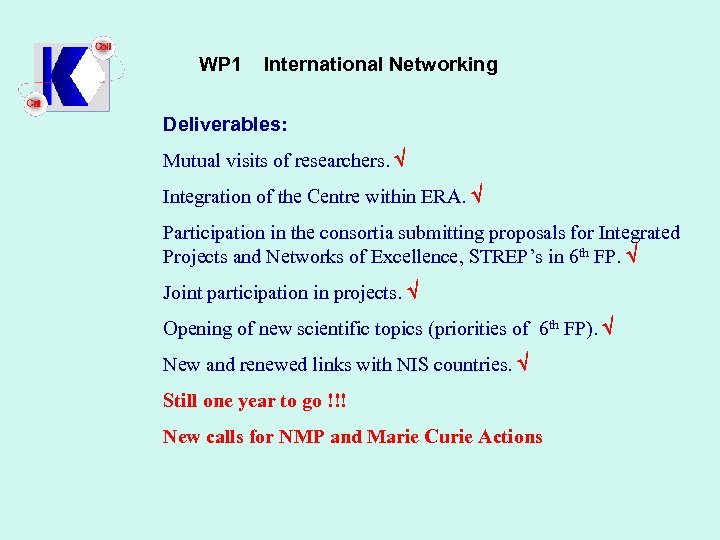 WP 1 International Networking Deliverables: Mutual visits of researchers. Integration of the Centre within