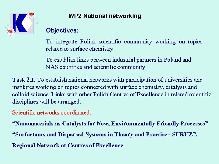 WP 2 National networking Objectives: To integrate Polish scientific community working on topics related