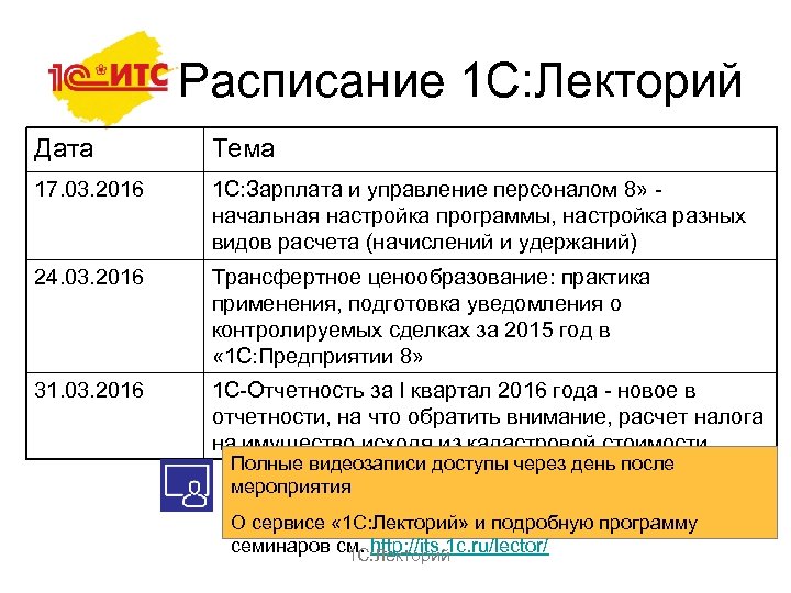 Расписание 1 С: Лекторий Дата Тема 17. 03. 2016 1 С: Зарплата и управление