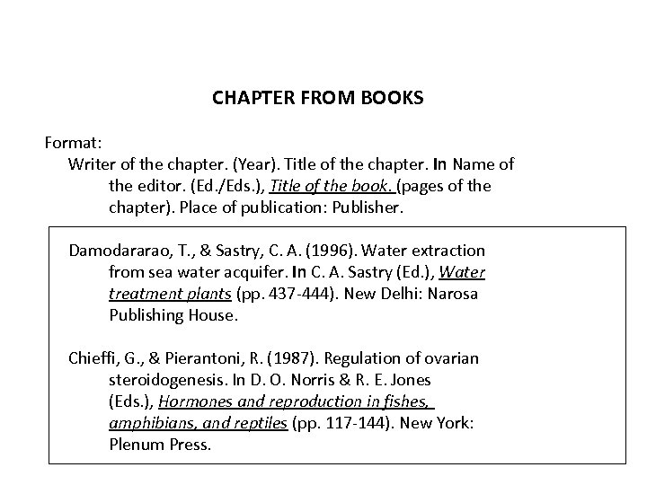 CHAPTER FROM BOOKS Format: Writer of the chapter. (Year). Title of the chapter. In