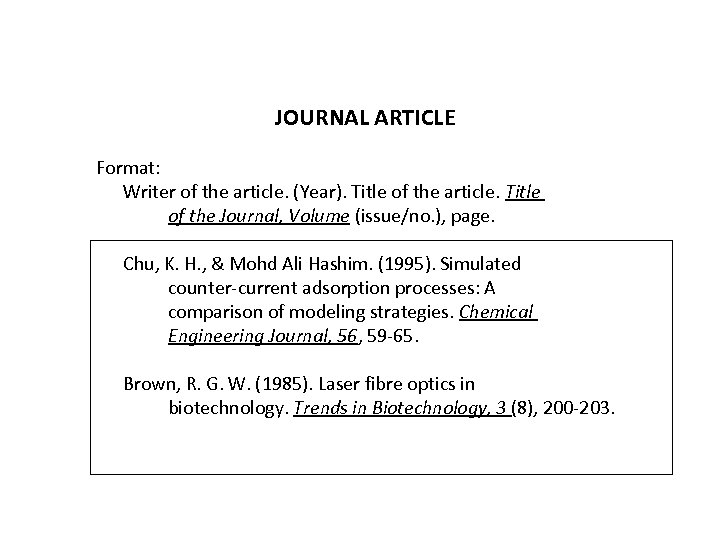 JOURNAL ARTICLE Format: Writer of the article. (Year). Title of the article. Title of