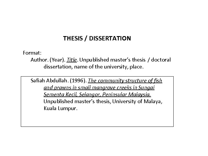 THESIS / DISSERTATION Format: Author. (Year). Title. Unpublished master’s thesis / doctoral dissertation, name