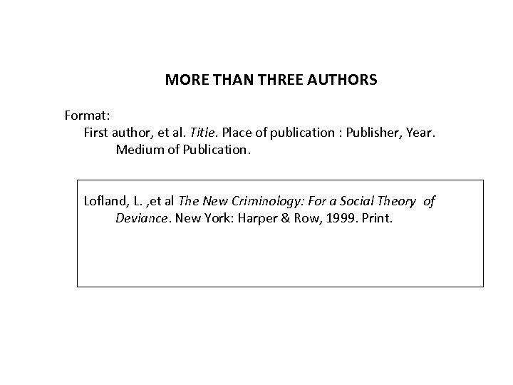 MORE THAN THREE AUTHORS Format: First author, et al. Title. Place of publication :