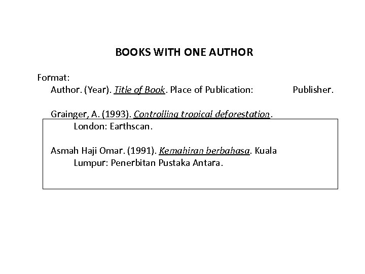 BOOKS WITH ONE AUTHOR Format: Author. (Year). Title of Book. Place of Publication: Grainger,