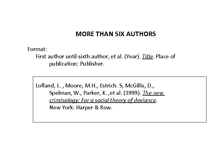 MORE THAN SIX AUTHORS Format: First author until sixth author, et al. (Year). Title.