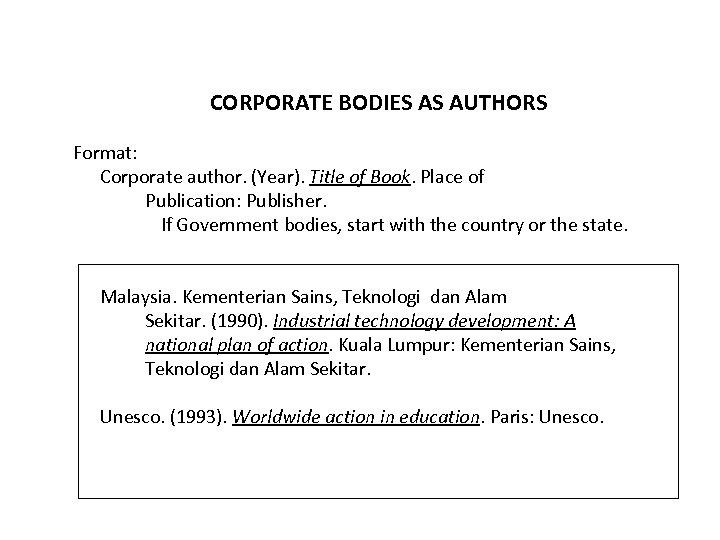 CORPORATE BODIES AS AUTHORS Format: Corporate author. (Year). Title of Book. Place of Publication: