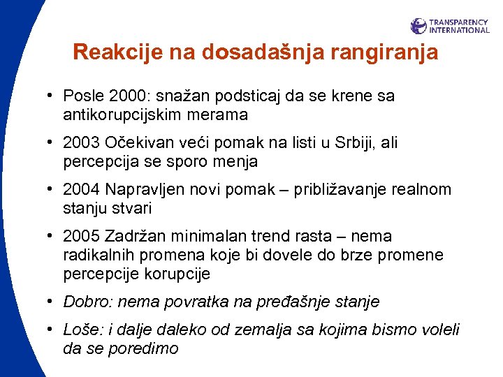 Reakcije na dosadašnja rangiranja • Posle 2000: snažan podsticaj da se krene sa antikorupcijskim