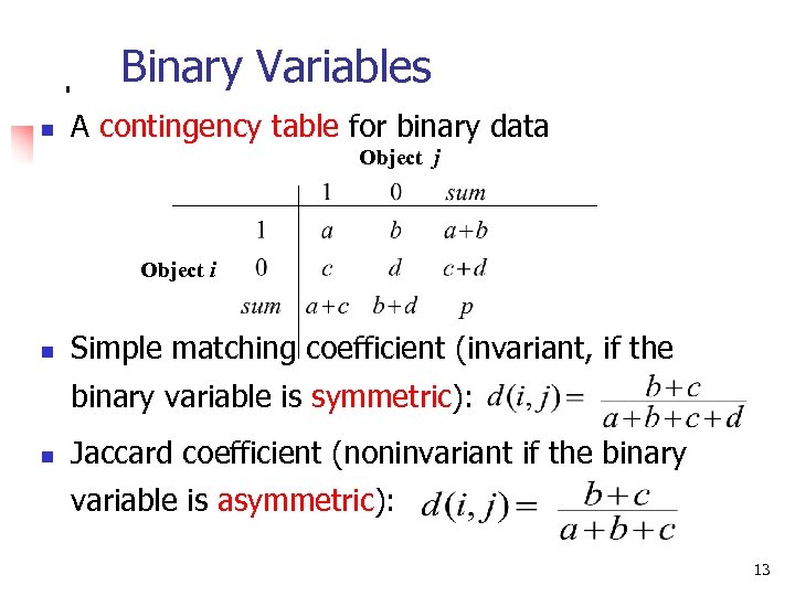 Binary Variables n A contingency table for binary data Object j Object i n