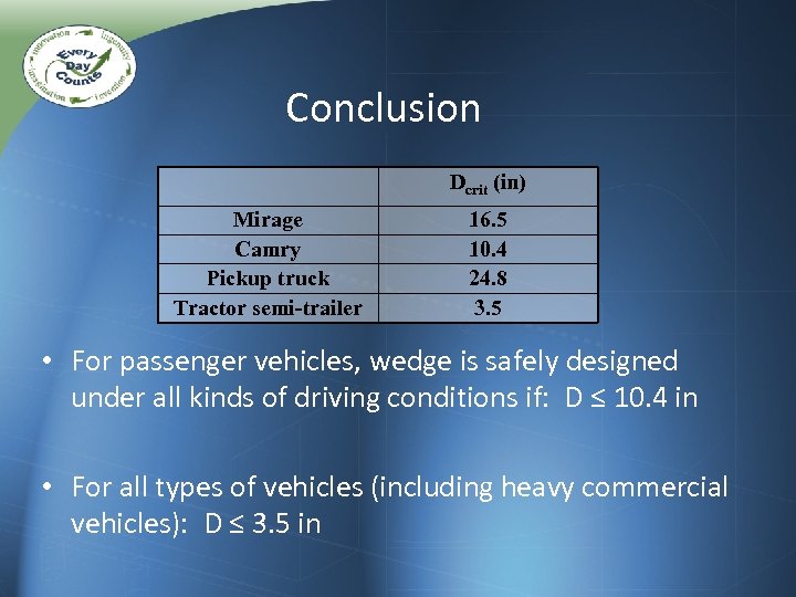 Conclusion Dcrit (in) Mirage Camry Pickup truck Tractor semi-trailer 16. 5 10. 4 24.