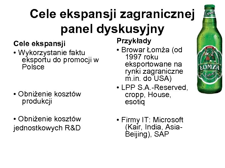 Cele ekspansji zagranicznej panel dyskusyjny Cele ekspansji • Wykorzystanie faktu eksportu do promocji w