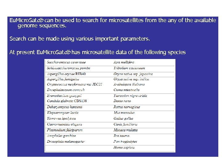 Eu. Micro. Satdb can be used to search for microsatellites from the any of