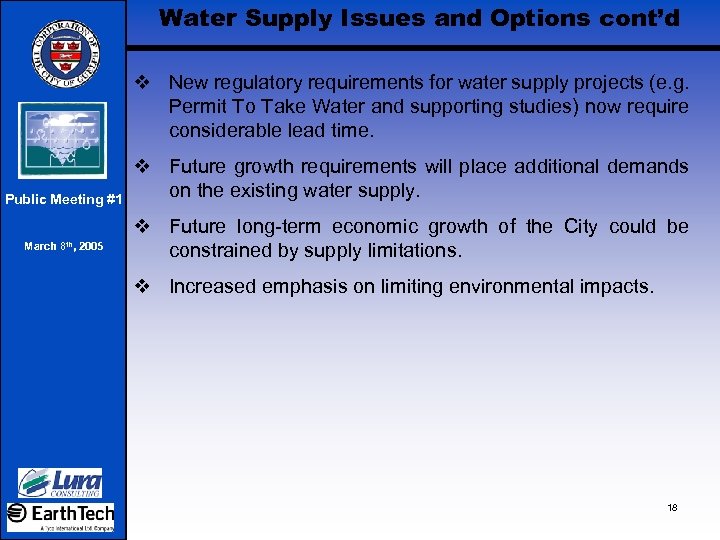 Water Supply Issues and Options cont’d v New regulatory requirements for water supply projects