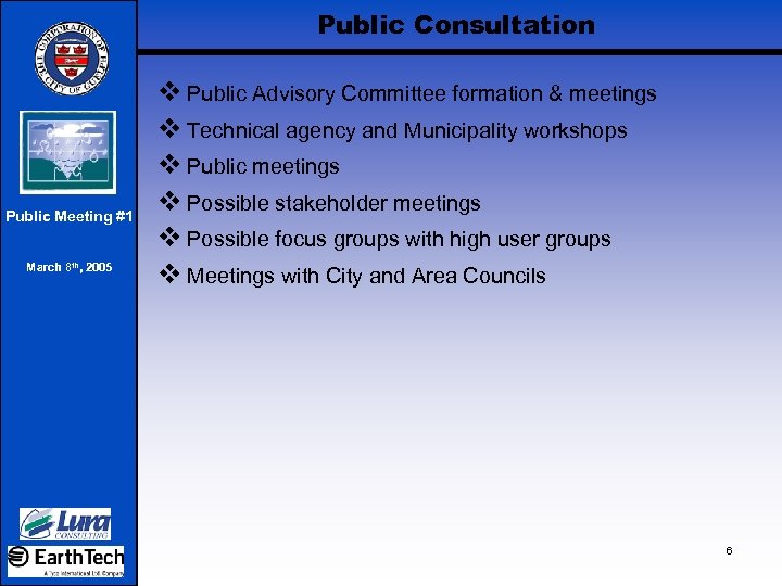 Public Consultation Public Meeting #1 March 8 th, 2005 v Public Advisory Committee formation