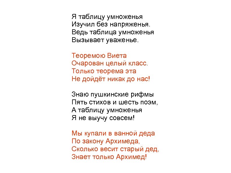 Я таблицу умноженья Изучил без напряженья. Ведь таблица умноженья Вызывает уваженье. Теоремою Виета Очарован
